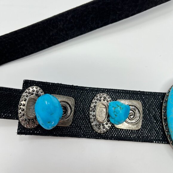 Adjustable Black, Silver & Turquoise Fashion Belt with Hook & Loop Western - Picture 4 of 9